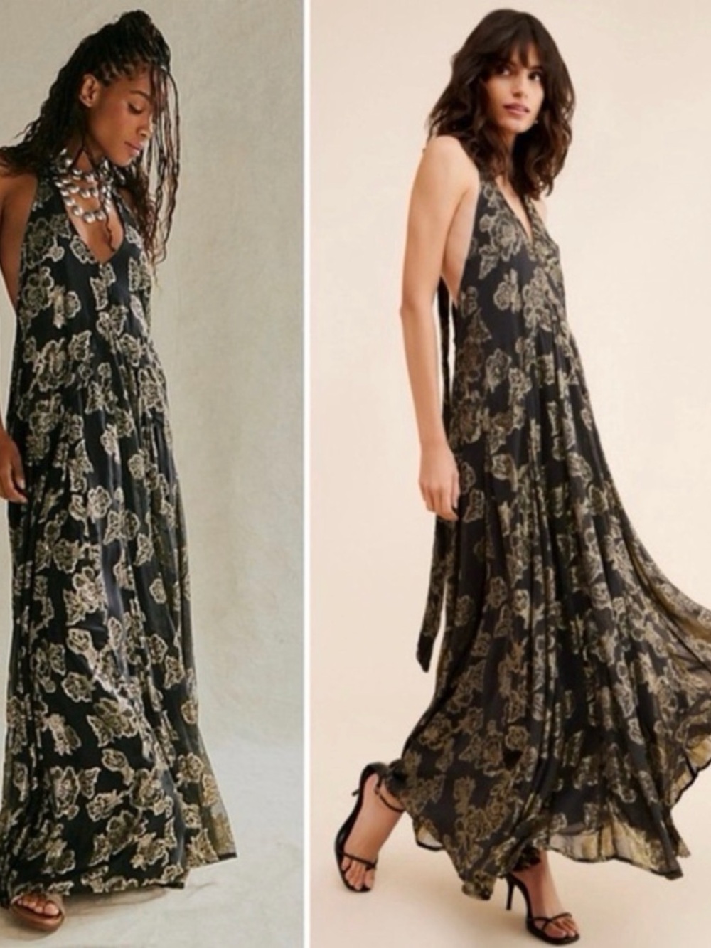 Free People Hold On Halter Maxi Dress Metallic Black and Gold Size XS